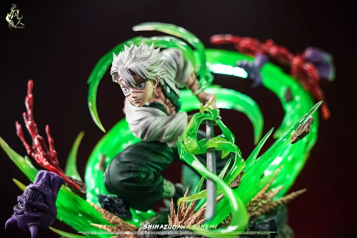 "Limited Edition Sanemi Shinazugawa Demon Slayer statue: dynamic pose, intricate details, and LED wind effects."