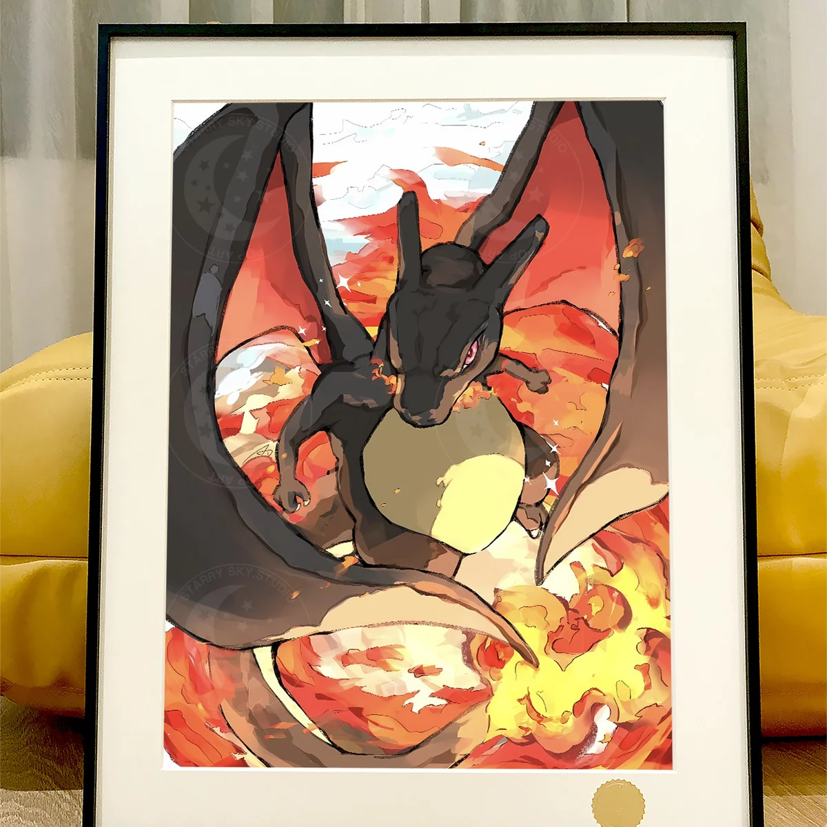 "Dynamic Shiny Charizard Pokémon 30th Anniversary decorative painting, a vibrant, premium framed limited edition art print with cosmic street art styl