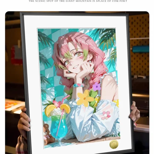 "Dynamic close-up of Demon Slayer's Mitsuri Kanroji with a vibrant summer ice drink, highlighting the exclusive HuangGua Studio anime art details."