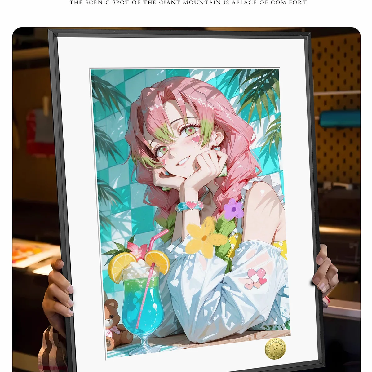"Dynamic close-up of Demon Slayer's Mitsuri Kanroji with a vibrant summer ice drink, highlighting the exclusive HuangGua Studio anime art details."