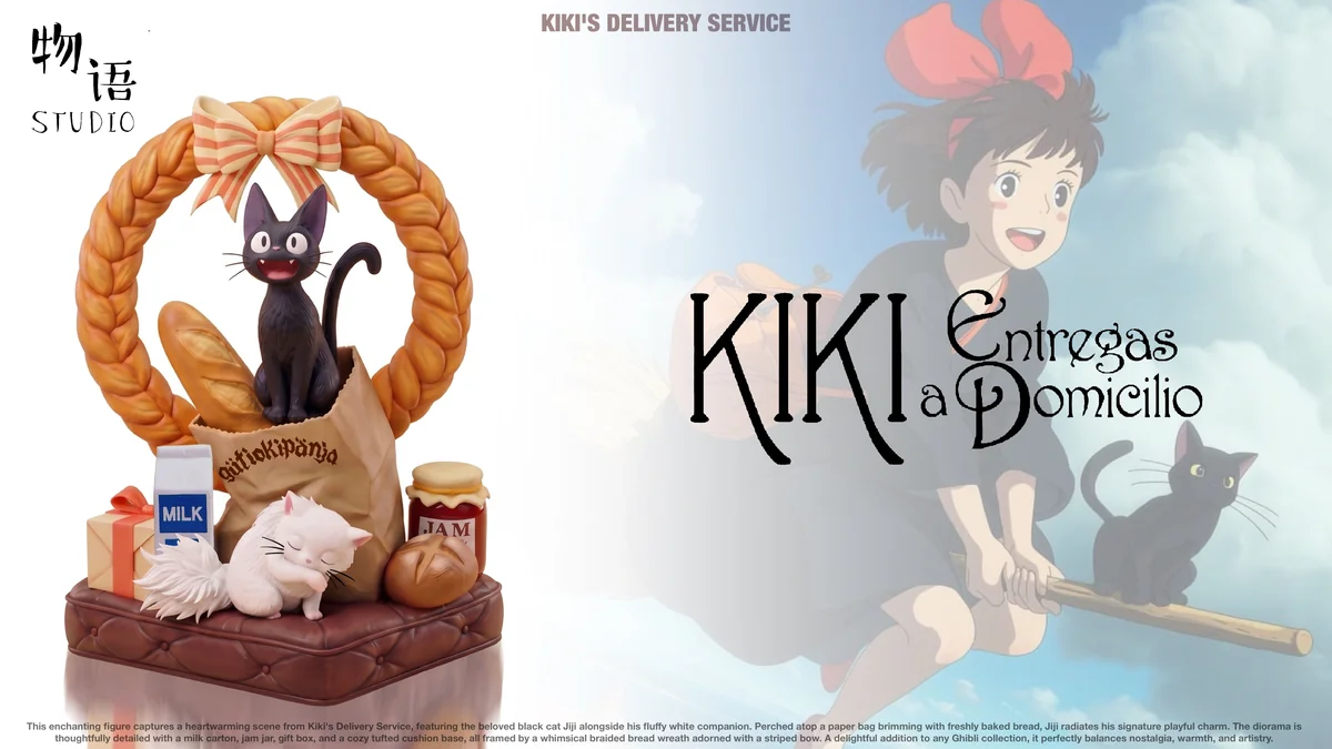 "Exquisite Ghibli Jiji & Lily Kiki's Delivery Service resin diorama statue, detailed from various angles, capturing the charming, cozy scene."