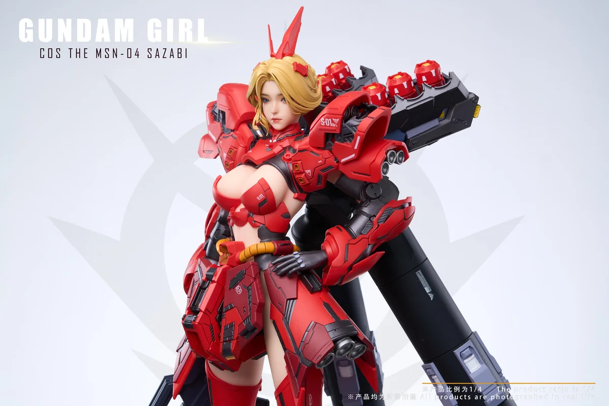 "1/4 Sazabi Mecha Girl JN5.0 Gundam statue close-up, revealing intricate futuristic details, dynamic pose, and glowing UV-reactive decals."