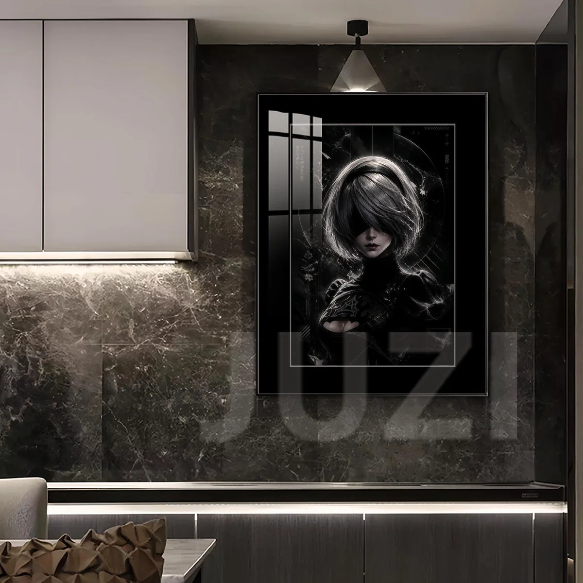 "Detailed views of the premium NieR Automata 2B Decorative Painting by JUZI Studio, showcasing fade-resistant HD artwork and luxurious alloy frame."