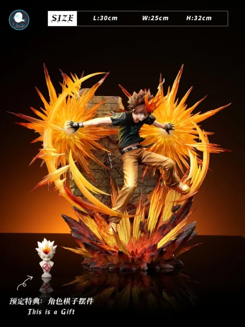 "Dynamic Tsuna Sawada figure from Katekyo Hitman Reborn! with vibrant LED flames in a powerful pose. A premium limited edition piece."