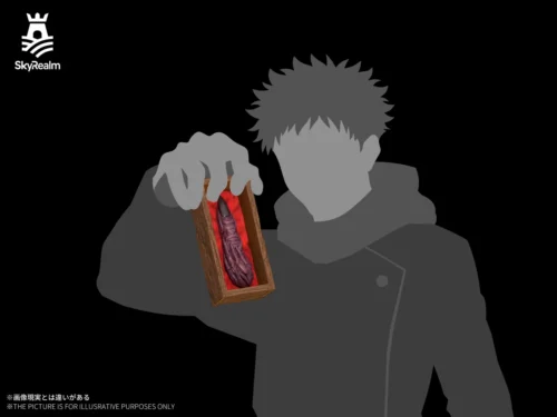 "Authentic 1:1 Sukuna's Finger Replica, a premium Jujutsu Kaisen statue. Gritty, realistic cursed artifact sculpt details from various angles."