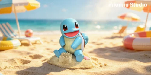 "Adorable Squirtle figure by miumiu Studio, serenely posed on a whimsical cloud base, a charming Pokémon collectible statue."