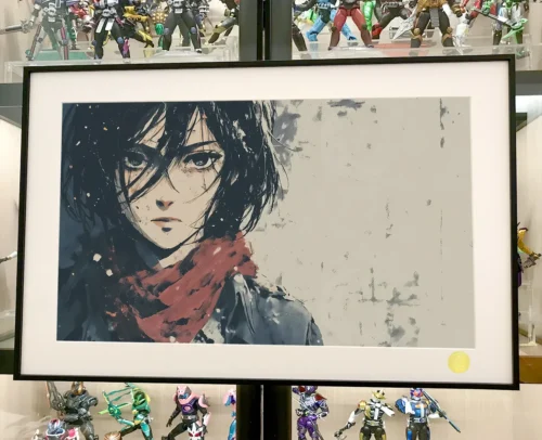 "Detailed shot of the collector-grade Mikasa Ackerman Attack on Titan Art Print, highlighting her melancholic figure, ruins, and dramatic starry sky."
