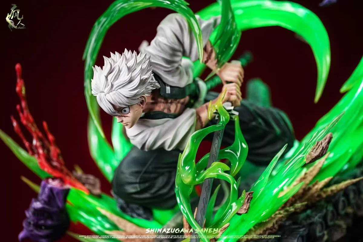 "Sanemi Shinazugawa 1/6 Demon Slayer resin statue. Dynamic battle pose, glowing LED wind effects, and intricate details from all angles."