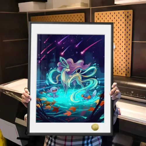 "Limited Edition Suicune Aurora Painting: Main image showcases mystical Suicune amidst vibrant aurora, dynamic water, and ethereal light."