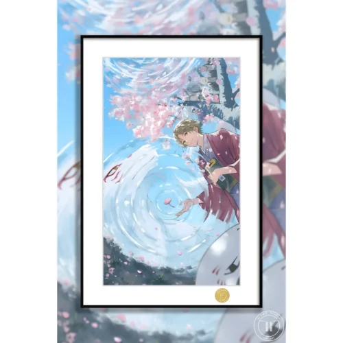 "Limited edition premium framed Natsume and Nyanko-sensei art print by H-TWO Studio. Serene dreamscape from Natsume's Book of Friends."