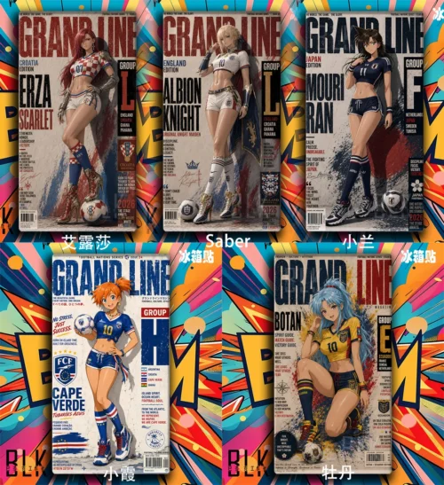 "Main display of a playful Football Babe Series decorative painting, featuring vibrant anime heroines in dynamic poses. High-quality sports art."