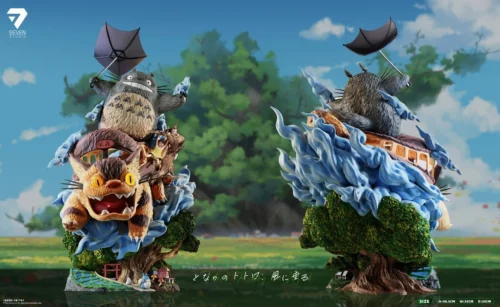 "Limited Edition Totoro Whimsical Flight Diorama with LED. Intricate sculptural details of the illuminated house, Catbus, and Totoros in multiple view."