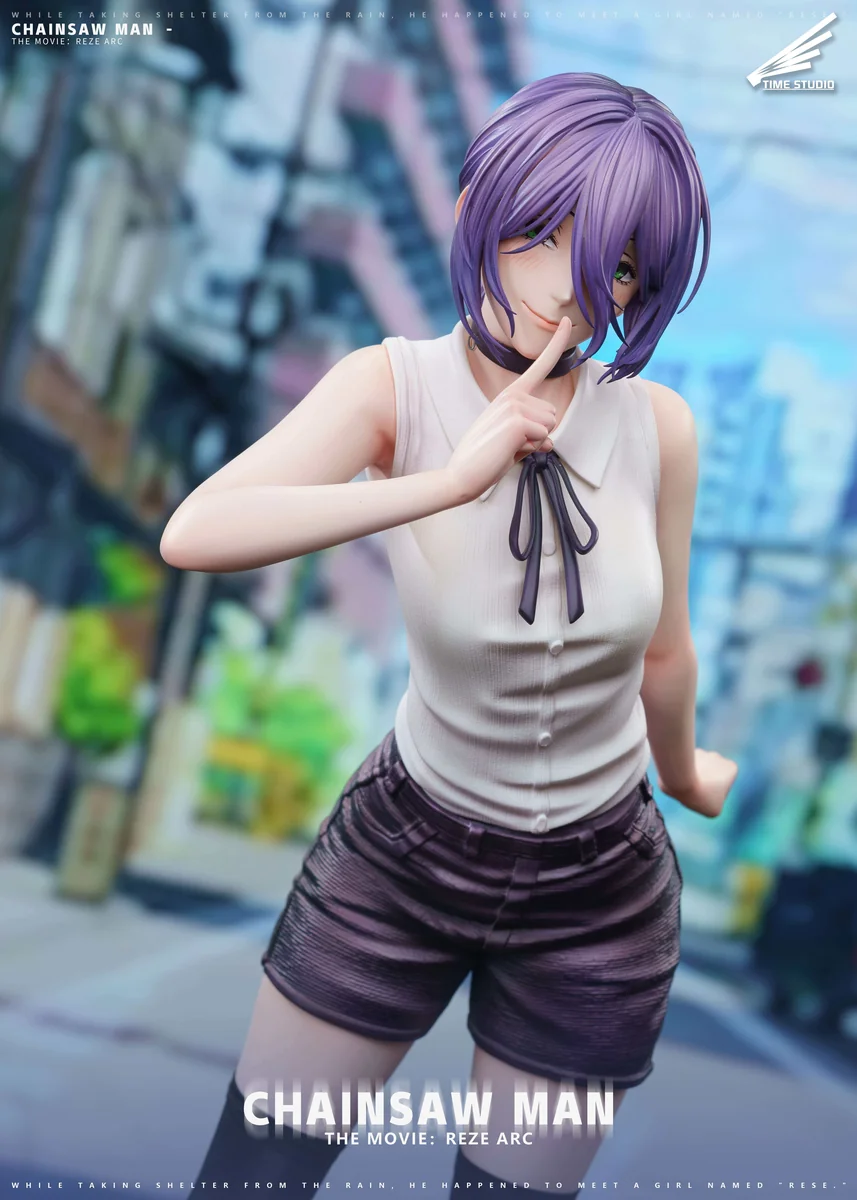 "Chainsaw Man Reze 1/6 scale statue by Time Studio, showcasing her explosive action pose with intricate details and premium materials."