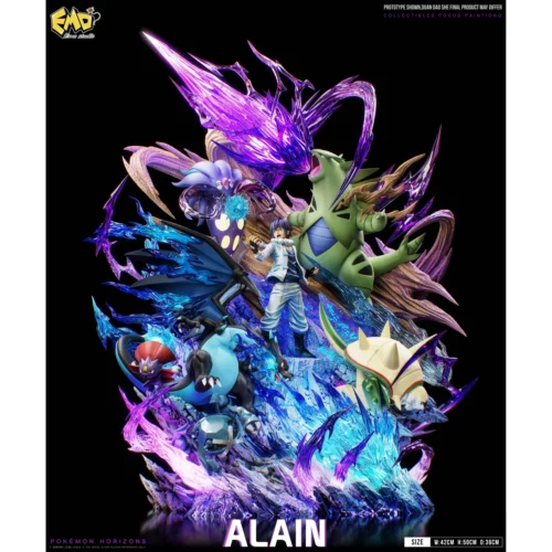 "Alain Mega Charizard X Pokémon statue in a dynamic LED-lit battle scene with Tyranitar, showcasing impressive detail and an epic, premium diorama."