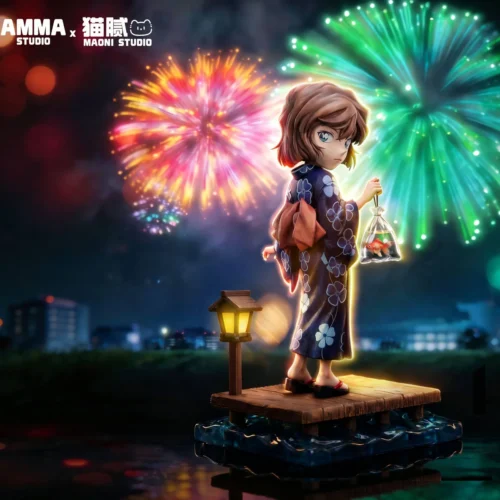 "Premium Ai Haibara Summer Festival LED figure main display, highlighting her elegant summer design, serene traditional Japanese aesthetic, and lumino."