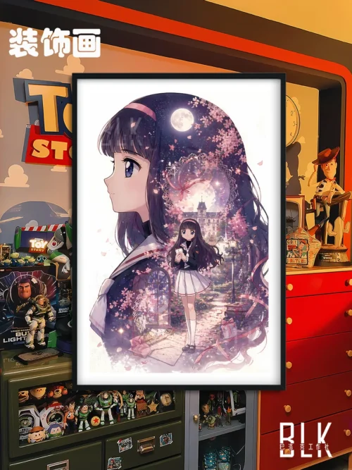 "Elegant Tomoyo Daidouji silhouette decorative painting from Cardcaptor Sakura, featuring intricate Baroque-style floral framing for a refined artist."