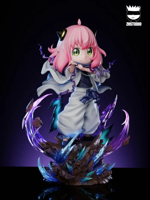 "This dynamic Chibi Gojo Satoru Anya Forger crossover figure showcases playful details. Gojo in Anya's uniform unleashes Hollow Purple, captured."