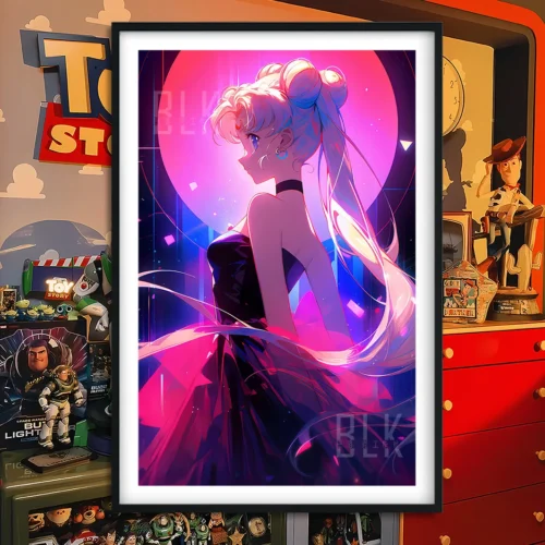 "Elegant Baroque Pink Sailor Moon Usagi Tsukino high-definition decorative painting, an exquisite framed art print showcasing vibrant detail."
