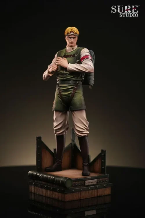 "Premium 1/6 Reiner Braun & Zeke Yeager Attack on Titan statue details: dynamic battle poses, intricate sculpture from multiple angles."