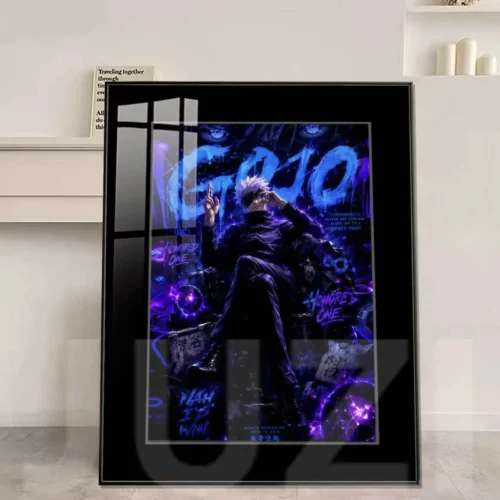"Gojo Satoru on a throne, depicted in a stunning, vibrant graffiti street art style. This Jujutsu Kaisen decorative painting is a premium art print."
