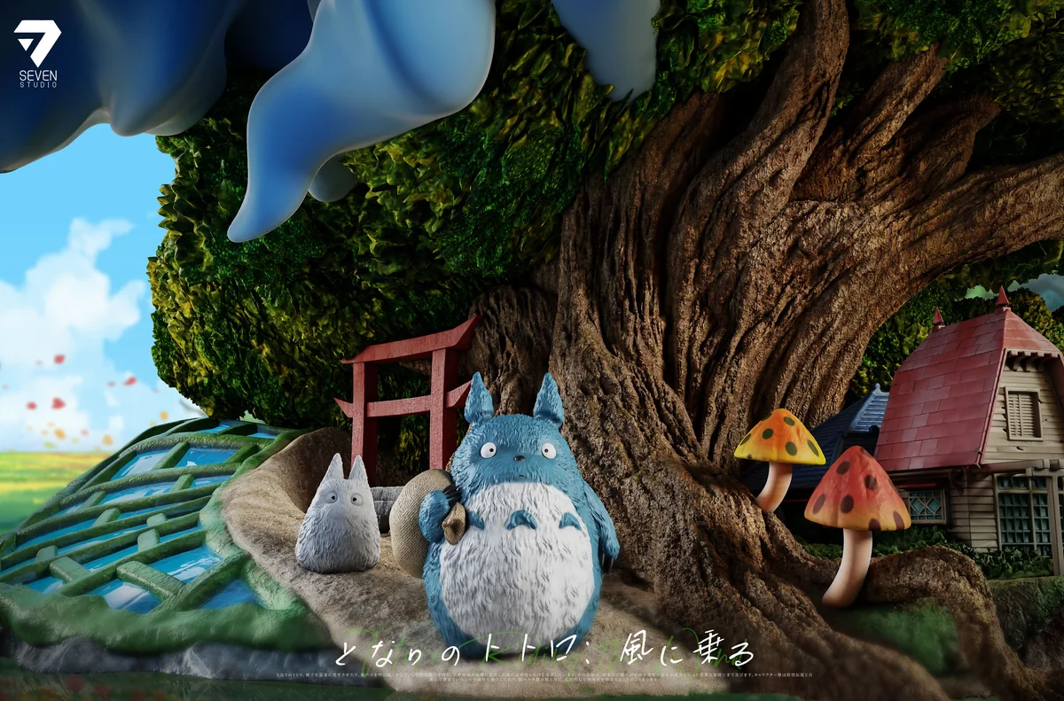 "Limited Edition Illuminated Totoro Whimsical Flight Diorama. Features Catbus, flying Totoros, and glowing house from detailed angles."