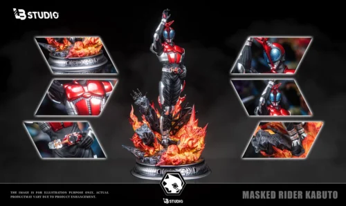 "Kamen Rider Kabuto Rider Form LB-Studio statue captures its iconic heaven-pointing pose, striking red/black armor, and luminous blue eyes."