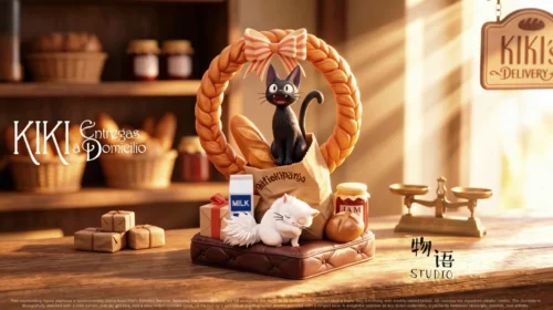 "Exquisite Ghibli Jiji and Lily resin statue diorama from Kiki's Delivery Service, showcasing a charming, detailed cozy domestic scene."