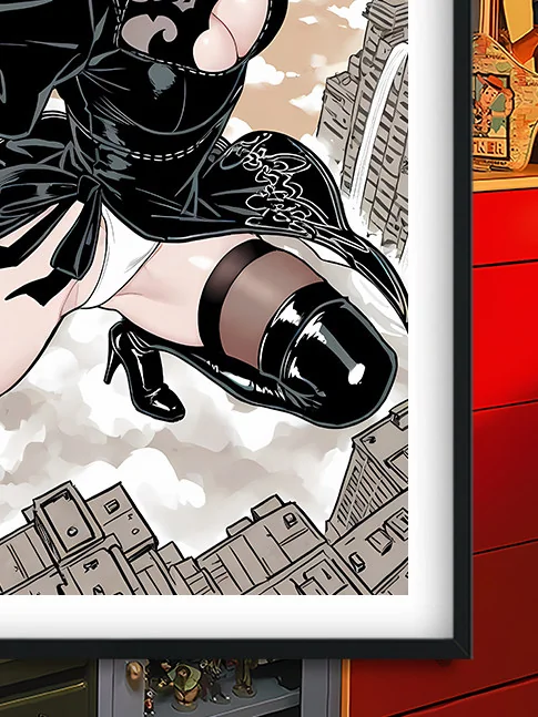 "NieR Automata 2B art print product gallery: detailed views of the stunning dynamic artwork, vibrant colors, and sleek brushed aluminum frame."
