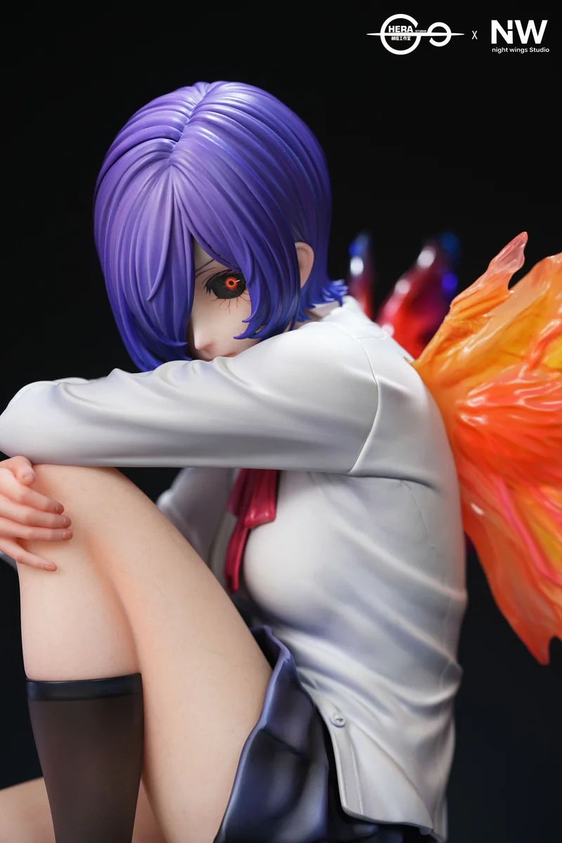 "Premium 1/6 scale Tokyo Ghoul Touka figure by HERA Studio x Night Wing Studio, dynamically posed with her glowing LED Ukaku and realistic skin."