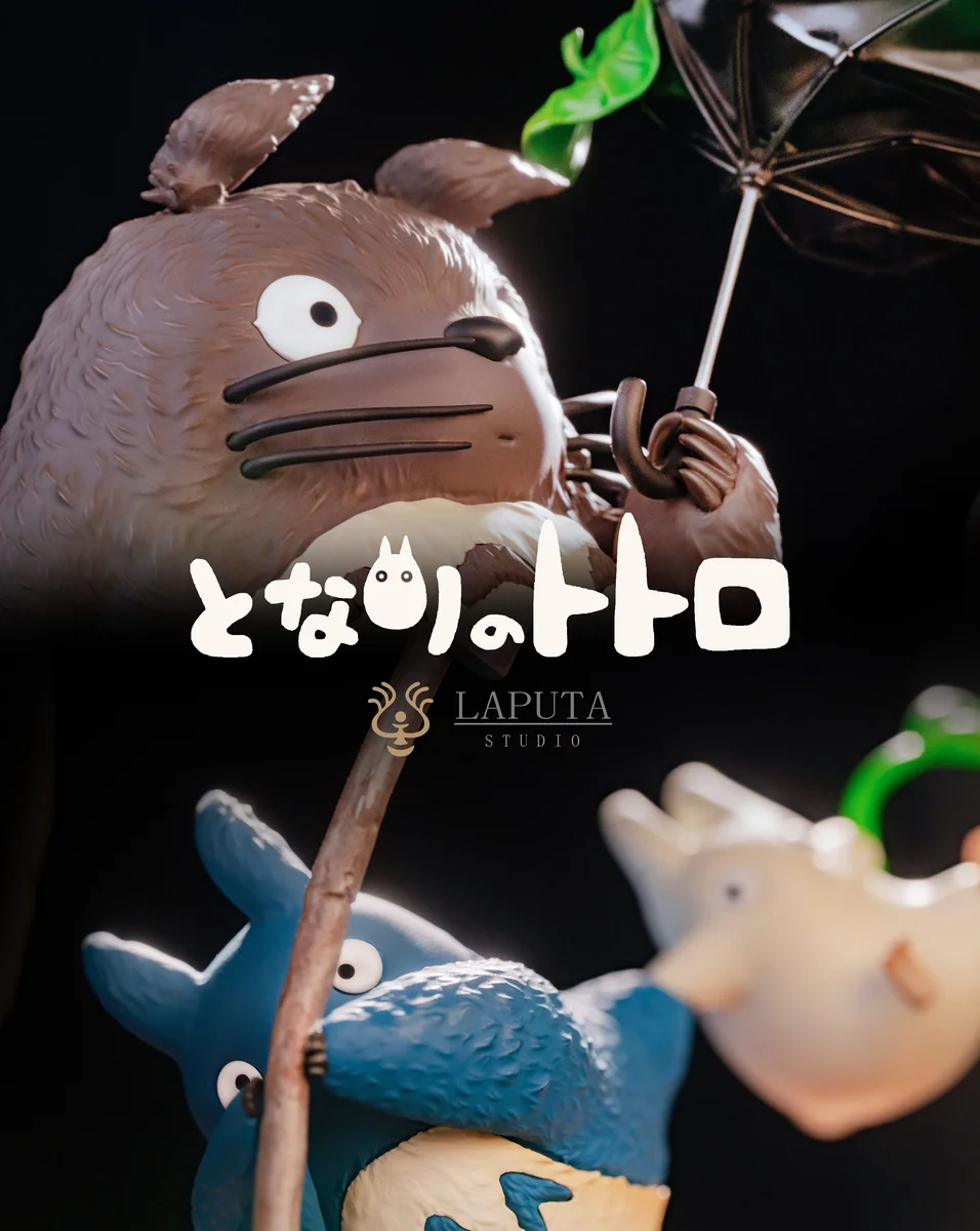 "LAPUTA-studio Totoro: Wind Advisory resin statue. Dynamic wind-swept Totoro characters on premium wood base. Intricate details."
