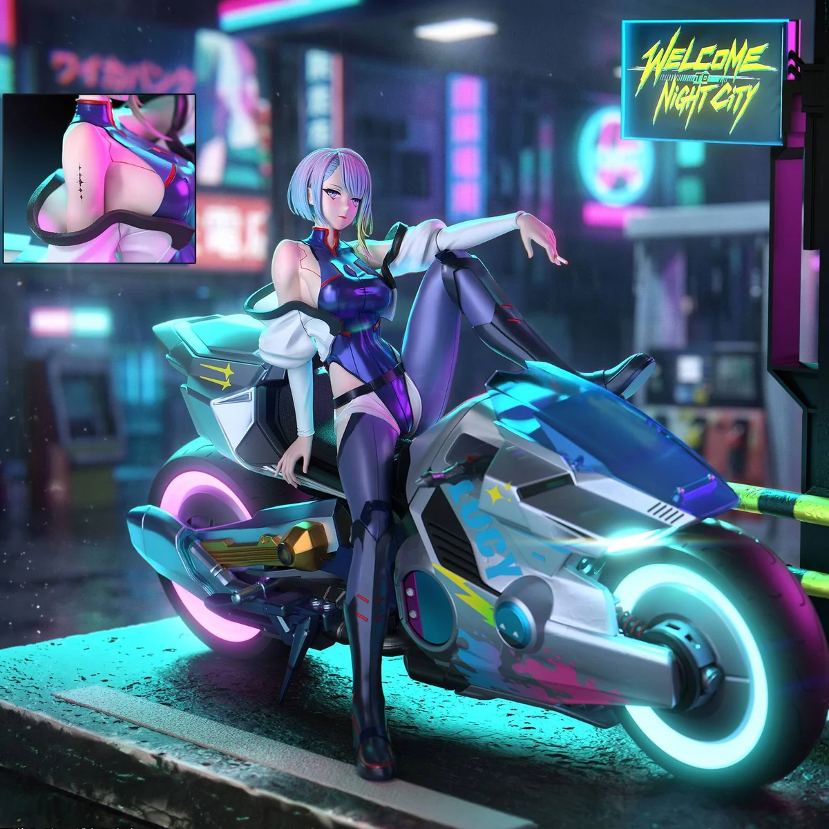 "1/6 Cyberpunk Lucy & Kusanagi Muramasa resin statue by Hani Studio. Dynamic LED light-up, futuristic bike, neon street. Edgerunners."