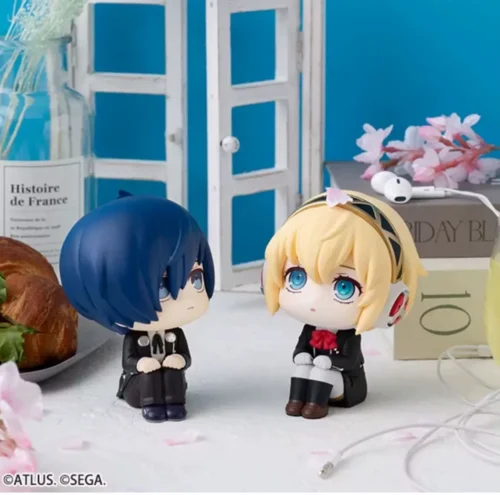 Detailed view of MegaHouse LOOKUP Makoto Yuki and Aigis Persona 3 Reload chibi figures from multiple angles, highlighting their cute desktop-ready side.