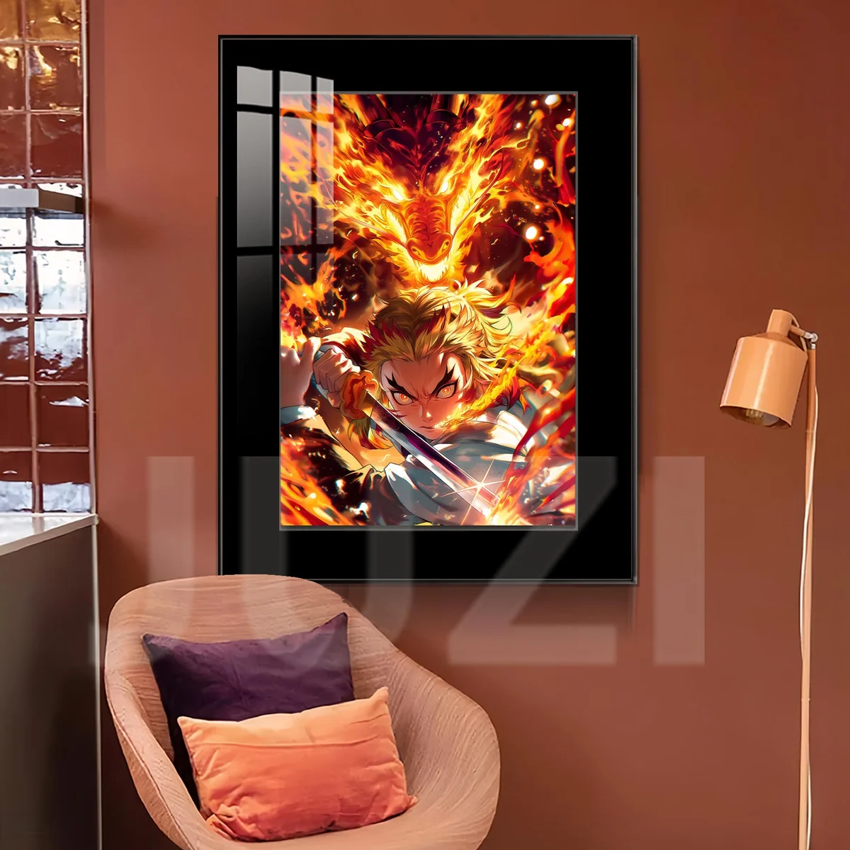 "Vibrant, fade-resistant HD Demon Slayer Rengoku Kyojuro art print, revealing dynamic Flame Dragon and Purgatory Phoenix fiery details."