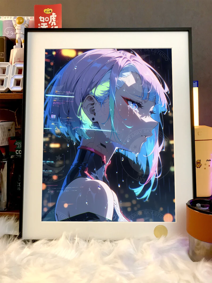 "Gallery views of the premium Lucy's Tears Decorative Painting. This limited edition Cyberpunk Edgerunners Lucy print features poignant artistry."