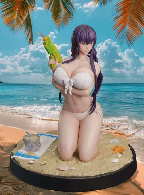 "Dynamic Saeko Busujima in black swimsuit resin statue from Midnight Studio, showcasing fierce katana pose and intricate sculpted details."