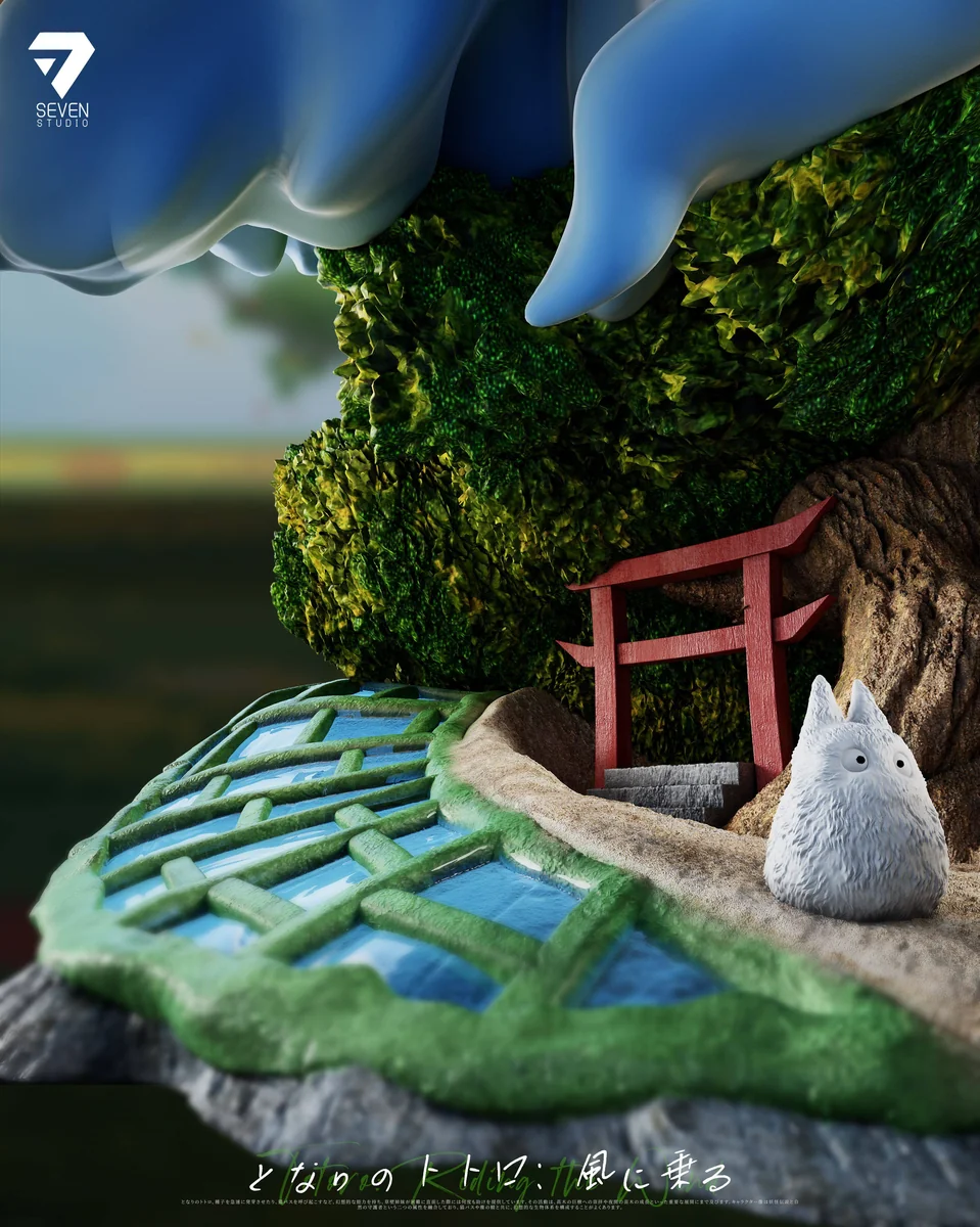 "Limited Edition Illuminated Totoro Whimsical Flight Diorama. Features Catbus, flying Totoros, and glowing house from detailed angles."