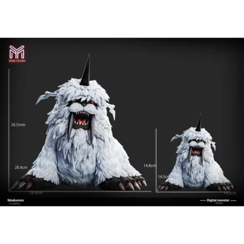 "Limited Edition Ikkakumon Digimon Resin Statue showcasing a dynamic ice battle pose. This premium collectible figure is available in dual sizes."