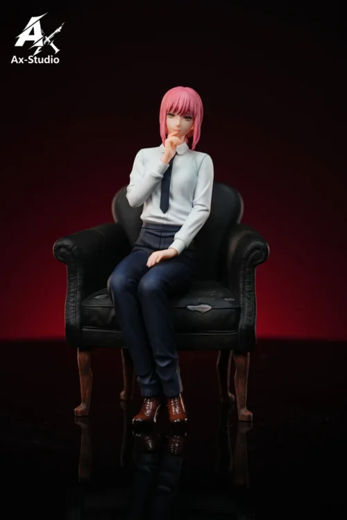 "Limited edition 1/6 scale Makima resin statue from Chainsaw Man, enigmatically seated on a minimalist chair, exuding calm power."