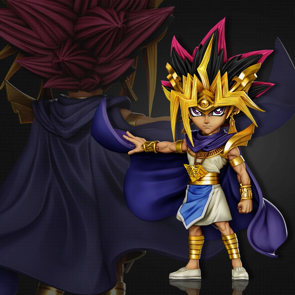 "A+ Studio's dynamic Pharaoh Atem Yu-Gi-Oh! statue, showcasing intricate sculpted details and custom base from multiple angles."