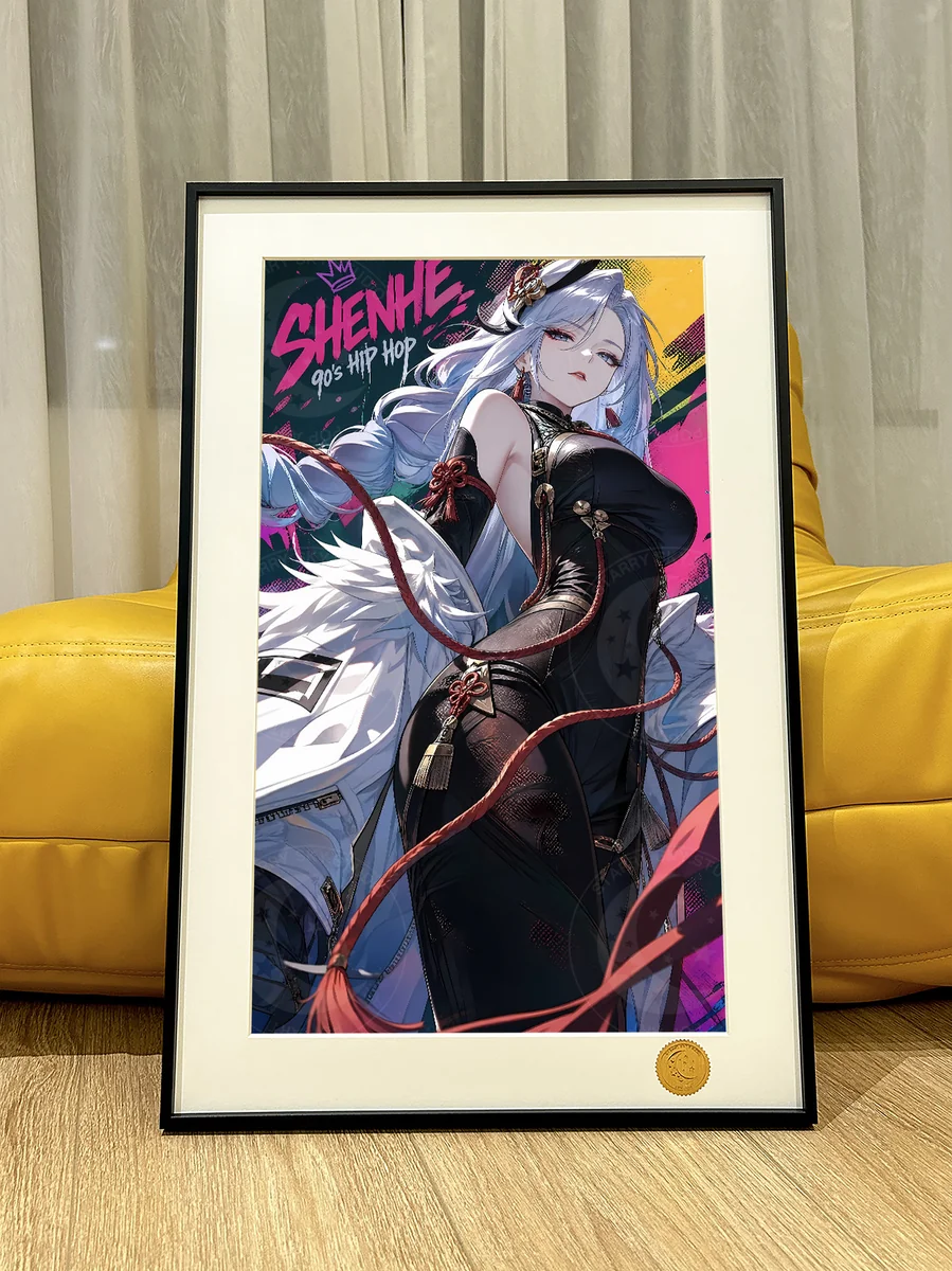 "Vibrant limited edition Genshin Impact graffiti art print showcasing Shenhe against a cosmic starry backdrop, capturing the artistic essence."