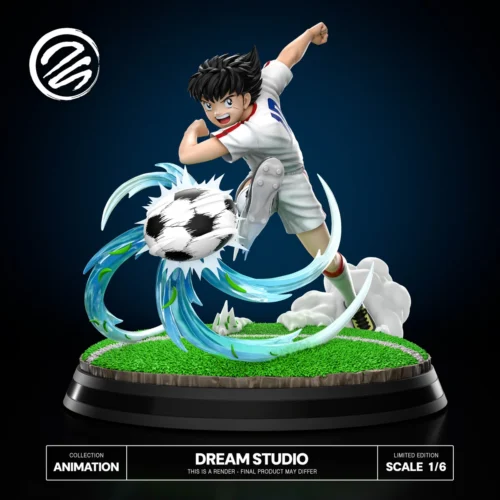 "Dynamic 1/6 Tsubasa Ozora Captain Tsubasa resin statue by Dreams Studio, showcasing his iconic, powerful soccer kick with vibrant energy."