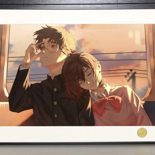 "Explore detailed views of this dynamic, colorful Ayase Momo and Okarun Dandadan limited edition framed art print by H-TWO Studio."