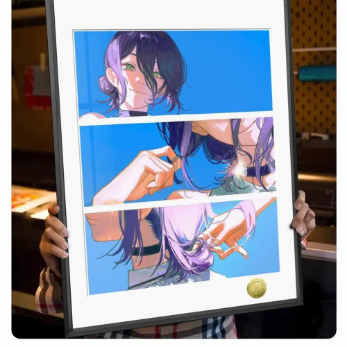 "Dynamic Chainsaw Man Reze Three-Shot decorative painting, capturing her explosive essence. A3/4K fan art reveals vibrant details and artistic."