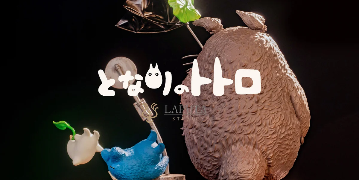 "A detailed view of the dynamic Totoro: Wind Advisory resin statue by LAPUTA-studio, showcasing its whimsical wind-swept scene and intricate details."