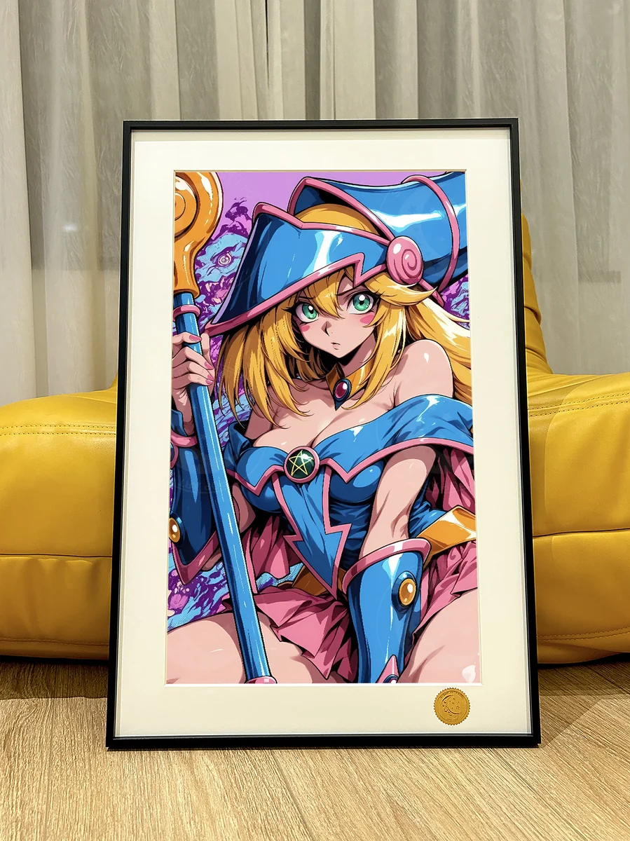 Limited Edition Premium Yu-Gi-Oh! Dark Magician Girl art print, showcasing her iconic pose against a vibrant pink.