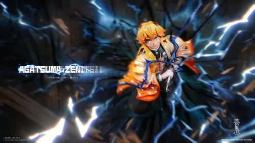 "Dynamic 1/6 Zenitsu Agatsuma Demon Slayer resin statue by Dayou Studio, showcasing electrifying Thunder Breathing lightning effects."