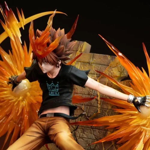 "Dynamic Tsuna Sawada figure from Katekyo Hitman Reborn! featuring vibrant LED flame effects. See the detailed sculpt and premium finish from various."