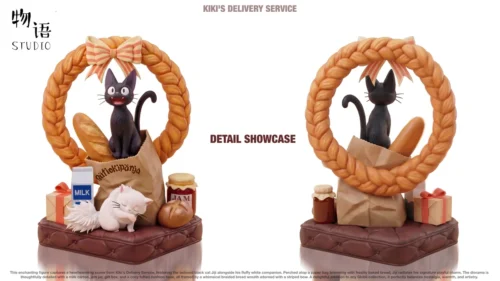 "Detailed shot of the exquisite Ghibli Jiji & Lily Kiki's Delivery Service resin diorama, highlighting intricate sculpture and the charming, cozy scen