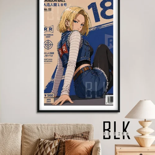 "Close-up views of the Premium Baroque Style Android 18 Dragon Ball Z decorative painting, showcasing its intricate artistic details and captivating."