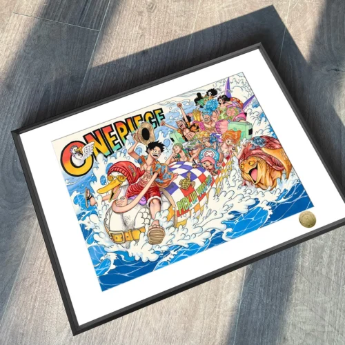 "Close-up views of the vibrant One Piece Sea Train fan art print, showcasing Luffy, Nami, and Zoro. A limited edition decorative painting from Huang."
